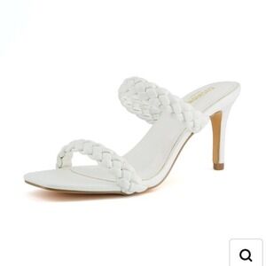 Cushionaire Pippa White Braided Double Strap Square Toe Heeled Sandals ‎ 7